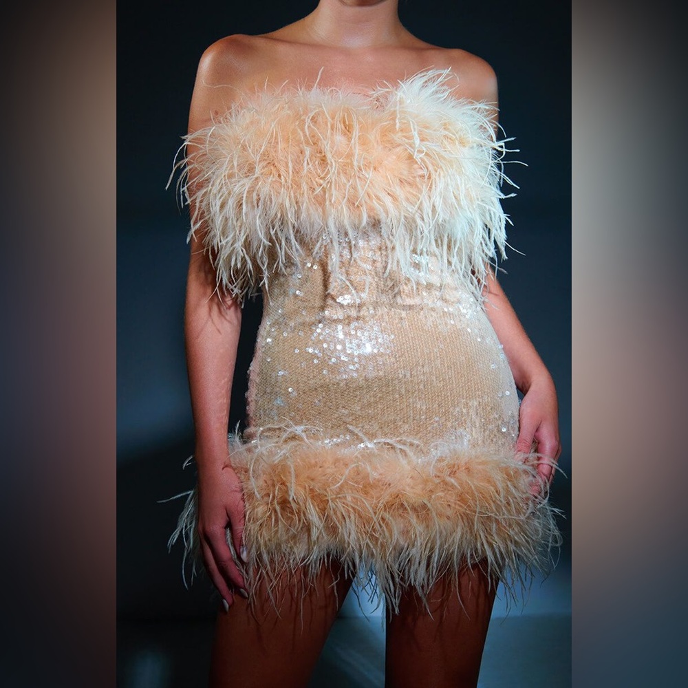 Feather Cream sequin short dress
